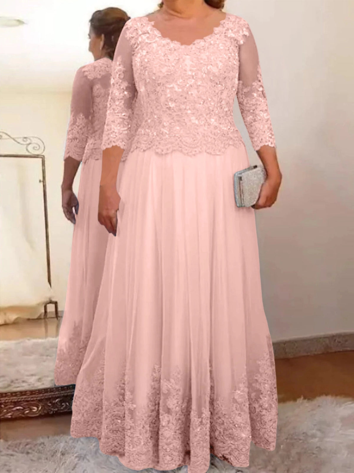 Elegant A-Line Scoop Neck Three Quarter Sleeve Illusion Back Lace Floor Length Mother of the Bride Dress