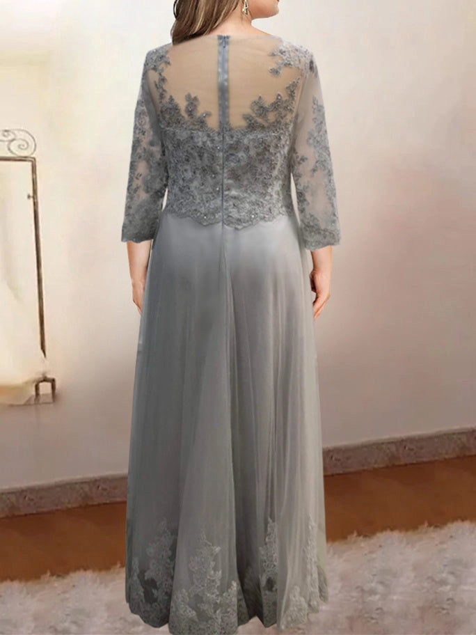 Elegant A-Line Scoop Neck Three Quarter Sleeve Illusion Back Lace Floor Length Mother of the Bride Dress