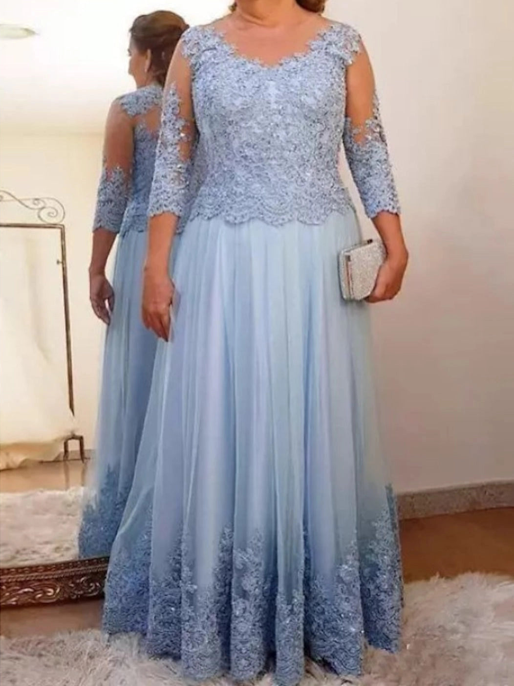 Elegant A-Line Scoop Neck Three Quarter Sleeve Illusion Back Lace Floor Length Mother of the Bride Dress