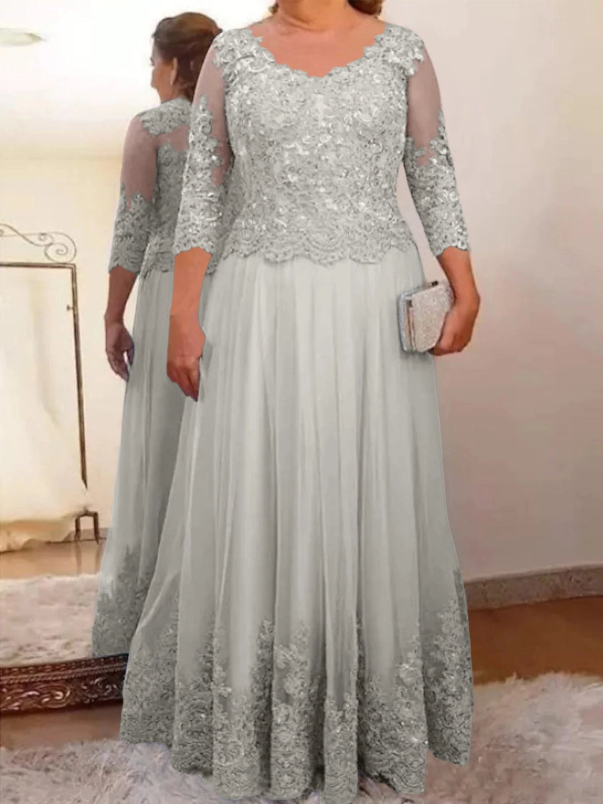 Elegant A-Line Scoop Neck Three Quarter Sleeve Illusion Back Lace Floor Length Mother of the Bride Dress