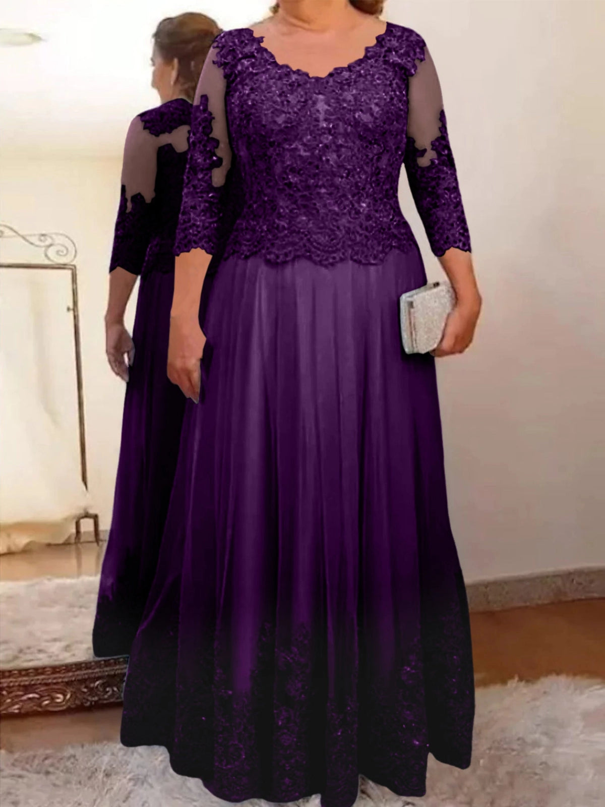 Elegant A-Line Scoop Neck Three Quarter Sleeve Illusion Back Lace Floor Length Mother of the Bride Dress