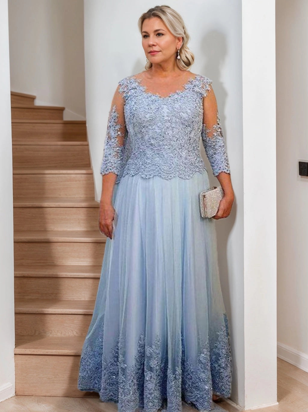 Dusty blue A-line Mother of the Bride Dress with floral lace bodice, scoop neckline, sheer three-quarter sleeves and embroidered floor-length skirt by Loverlm.