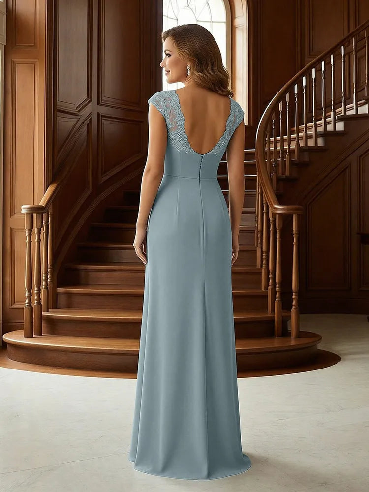 Elegant Sheath V-Neck Cap-Sleeve Chiffon Floor-Length Mother of the Bride Dress