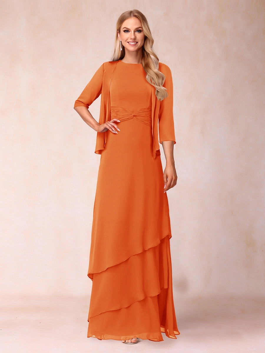 Elegant A-Line Round-Neck Three-Quarter-Sleeve Jacket Floor-Length Mother of the Bride Dress
