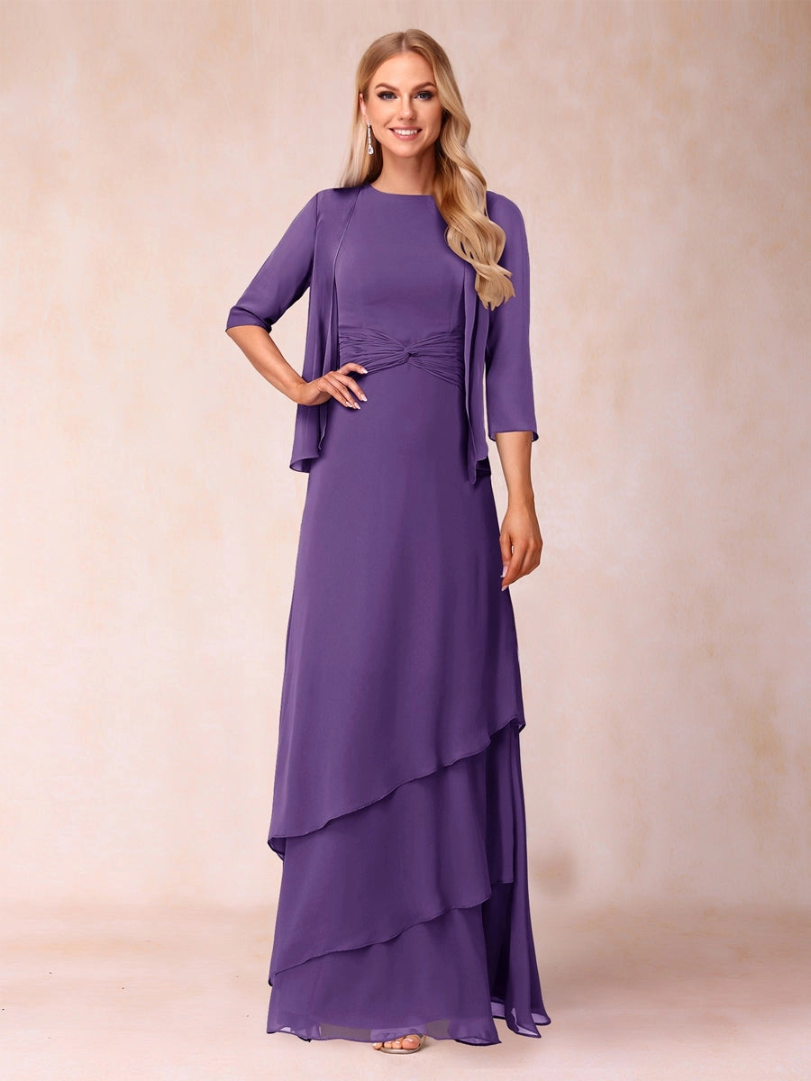 Elegant A-Line Round-Neck Three-Quarter-Sleeve Jacket Floor-Length Mother of the Bride Dress