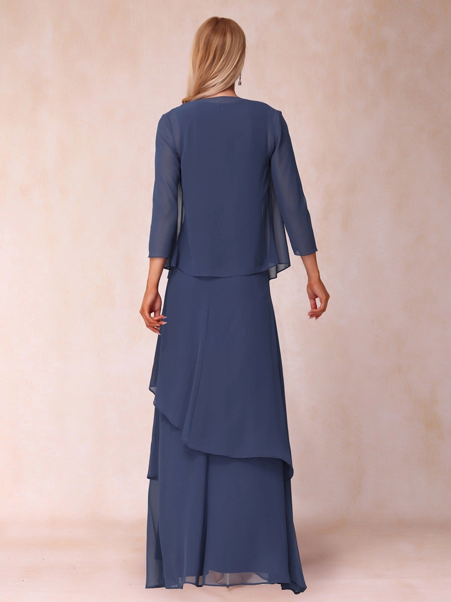 Elegant A-Line Round-Neck Three-Quarter-Sleeve Jacket Floor-Length Mother of the Bride Dress