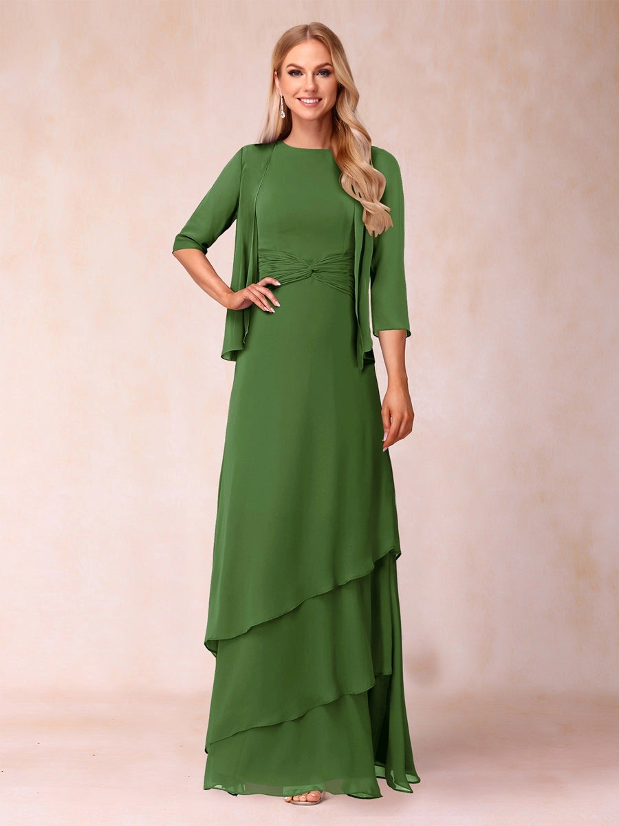 Elegant A-Line Round-Neck Three-Quarter-Sleeve Jacket Floor-Length Mother of the Bride Dress