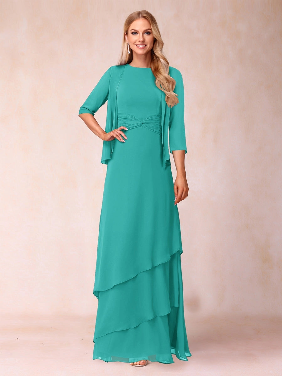 Elegant A-Line Round-Neck Three-Quarter-Sleeve Jacket Floor-Length Mother of the Bride Dress