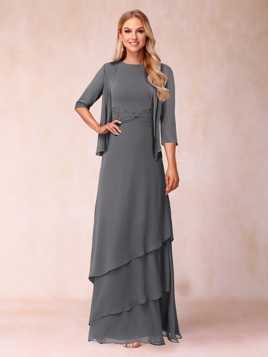 Elegant A-Line Round-Neck Three-Quarter-Sleeve Jacket Floor-Length Mother of the Bride Dress