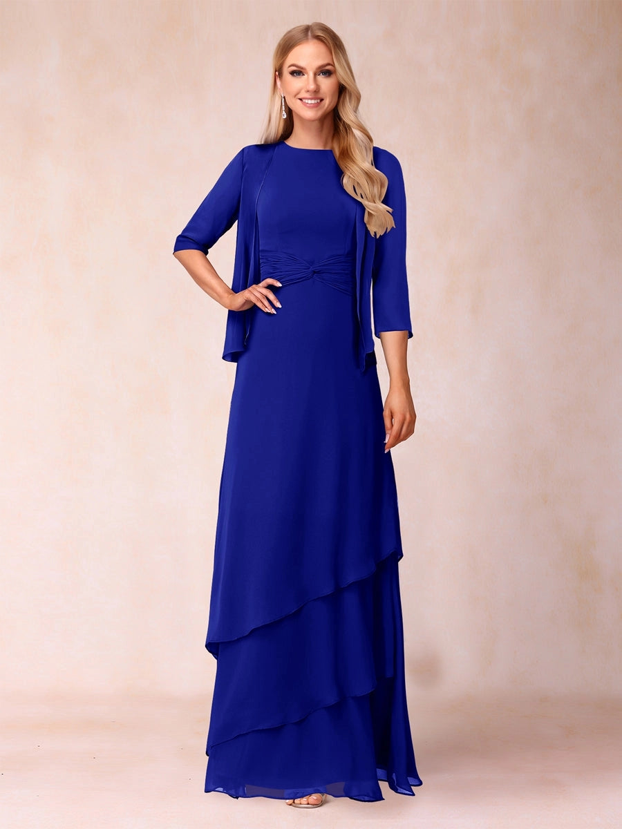 Elegant A-Line Round-Neck Three-Quarter-Sleeve Jacket Floor-Length Mother of the Bride Dress