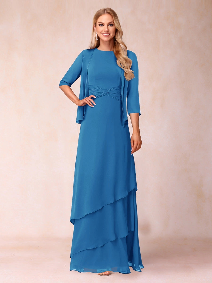 Elegant A-Line Round-Neck Three-Quarter-Sleeve Jacket Floor-Length Mother of the Bride Dress