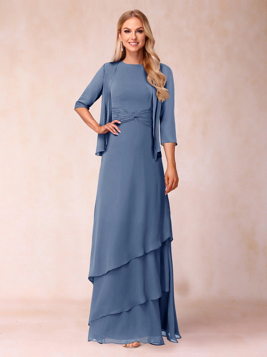 Elegant A-Line Round-Neck Three-Quarter-Sleeve Jacket Floor-Length Mother of the Bride Dress