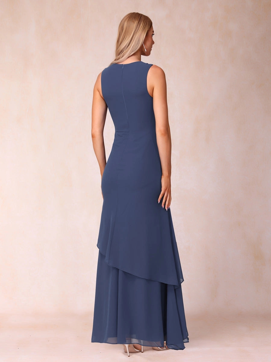 Elegant A-Line Round-Neck Three-Quarter-Sleeve Jacket Floor-Length Mother of the Bride Dress