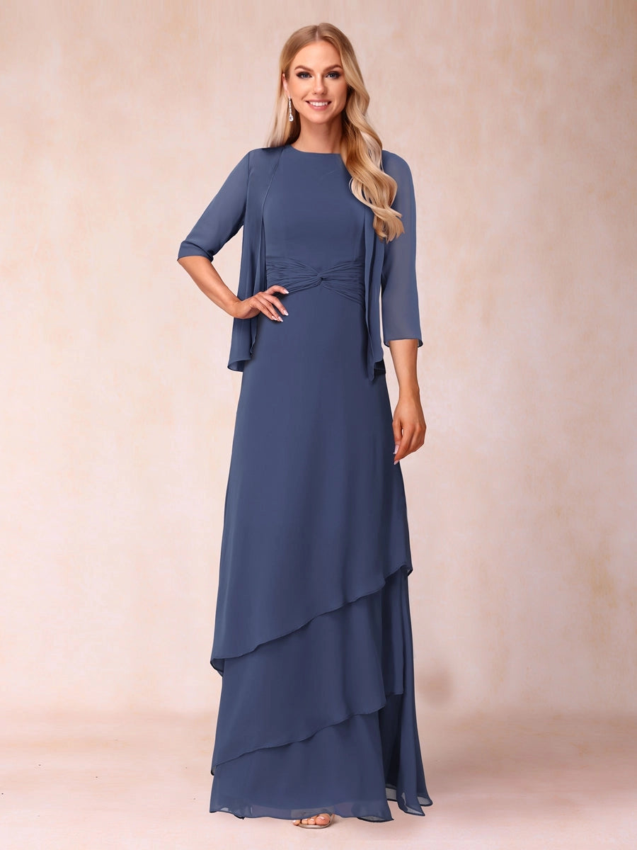 Elegant A-Line Round-Neck Three-Quarter-Sleeve Jacket Floor-Length Mother of the Bride Dress