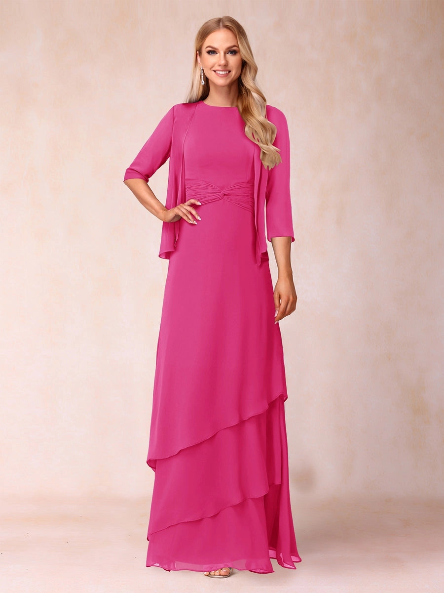 Elegant A-Line Round-Neck Three-Quarter-Sleeve Jacket Floor-Length Mother of the Bride Dress