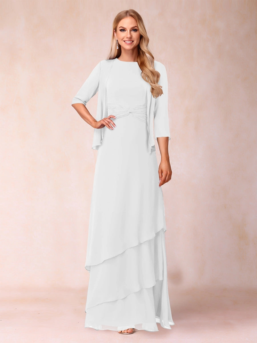 Elegant A-Line Round-Neck Three-Quarter-Sleeve Jacket Floor-Length Mother of the Bride Dress