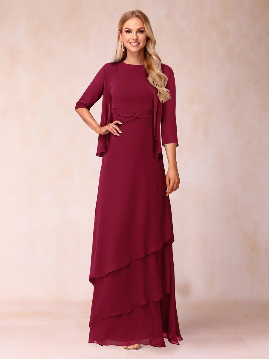 Elegant A-Line Round-Neck Three-Quarter-Sleeve Jacket Floor-Length Mother of the Bride Dress
