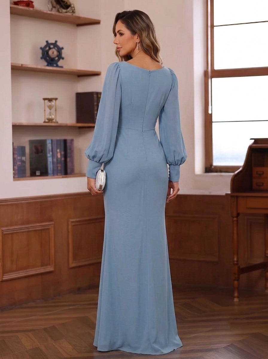 Elegant Mermaid V-Neck Bishop Sleeve Zipper Back Floor Length Mother of the Bride Dress