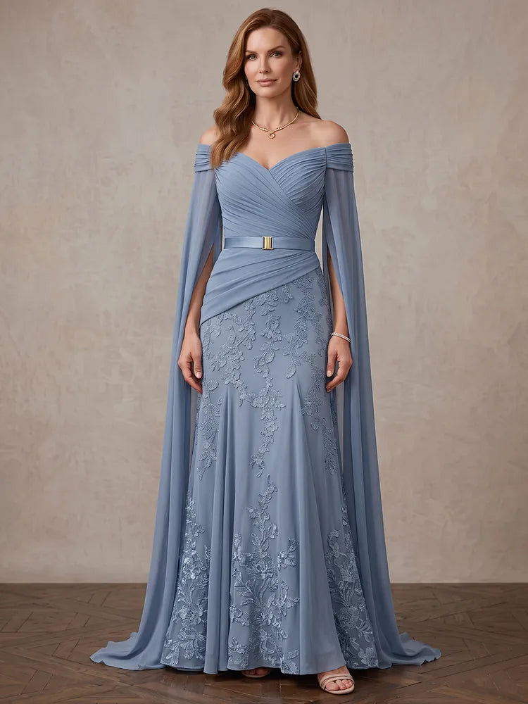 Loverlm dusty blue Mother of the Bride dress with off-shoulder neckline cape sleeves ruched bodice lace appliqué and floor-length mermaid skirt