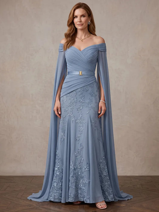 Loverlm dusty blue Mother of the Bride dress with off-shoulder neckline cape sleeves ruched bodice lace appliqué and floor-length mermaid skirt
