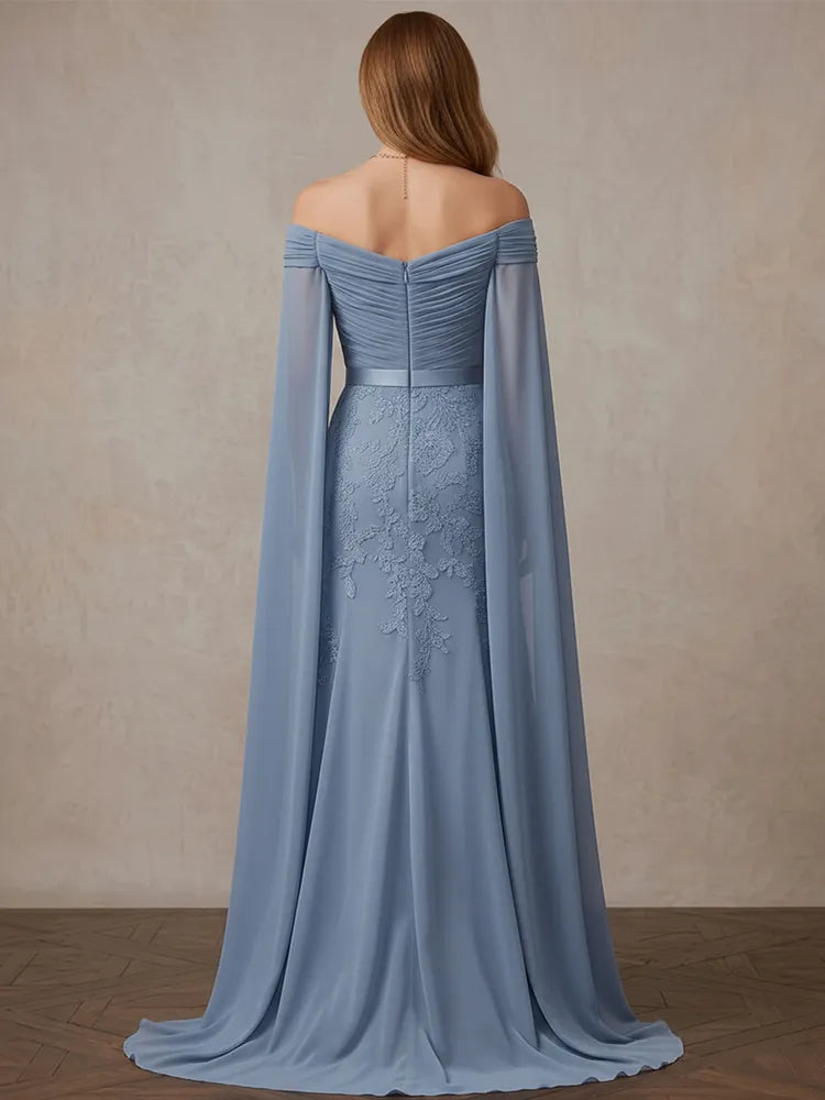 Elegant Mermaid Off-Shoulder Cape-Sleeve Lace Floor-Length Mother of the Bride Dress
