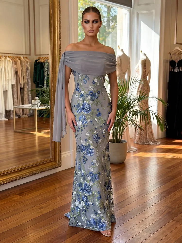 Loverlm dusty blue Mother of the Bride dress with off-shoulder draped neckline cape detail floral embroidery and floor-length mermaid silhouette