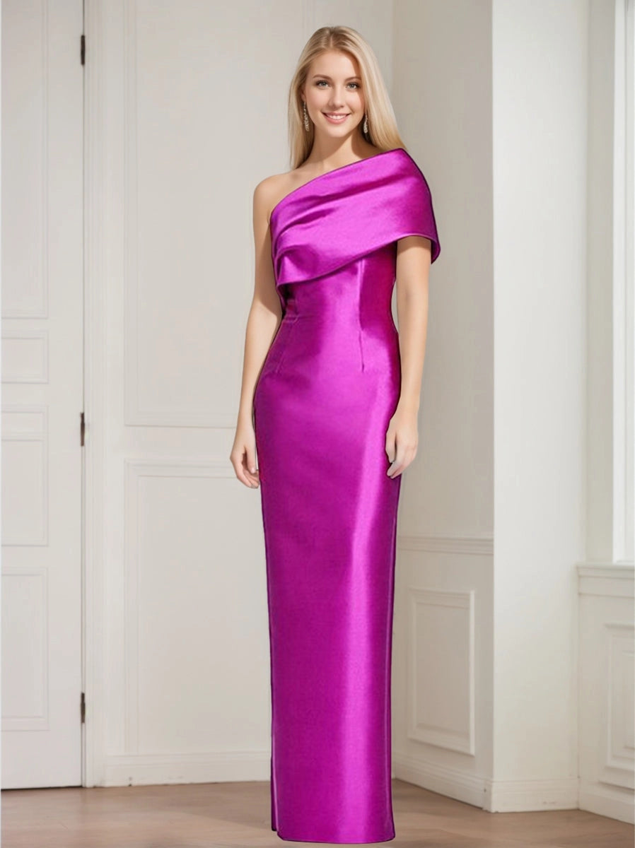 Elegant Sheath One Shoulder Sleeveless Bow Back Slit Floor Length Mother of the Bride Dress