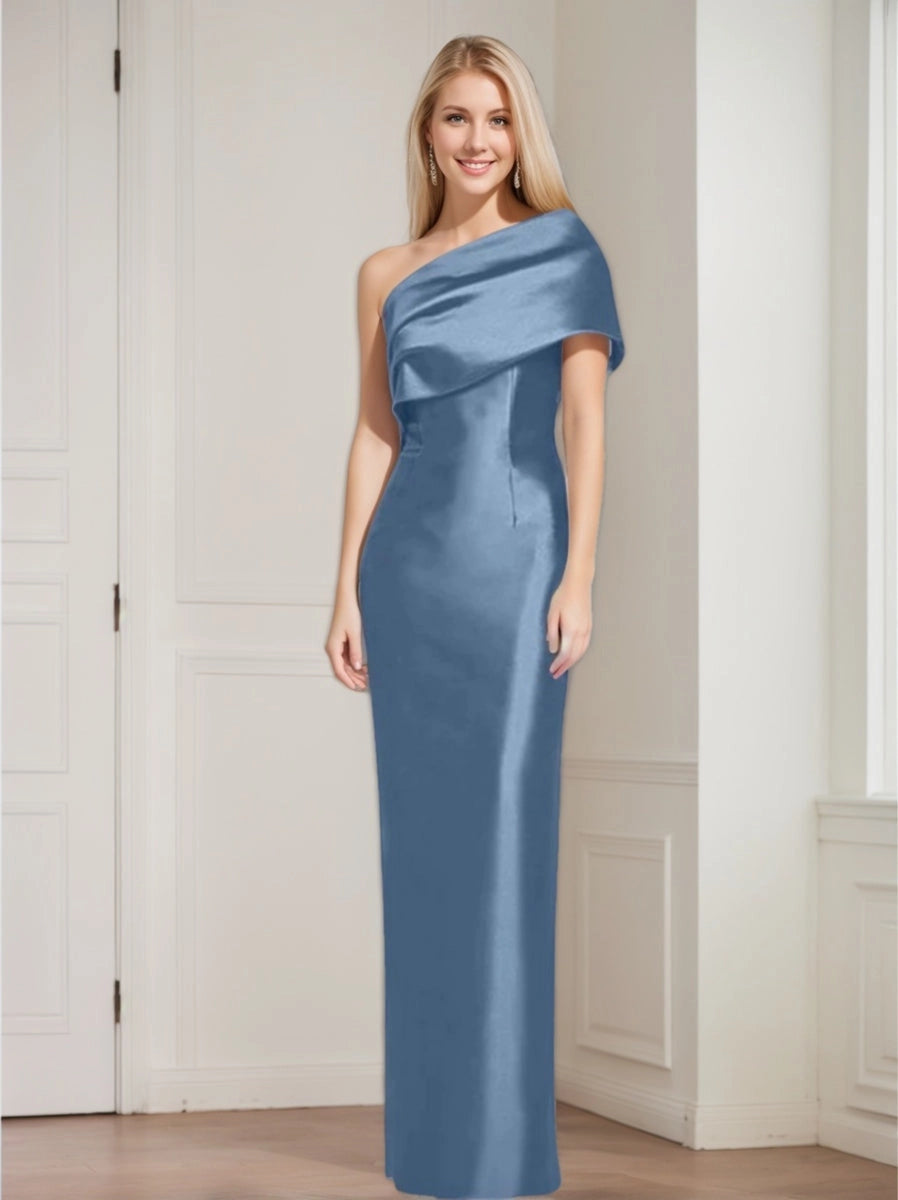 Dusty blue one-shoulder Mother of the Bride Dress featuring an asymmetrical draped neckline, fitted sheath silhouette and elegant floor-length skirt by Loverlm.
