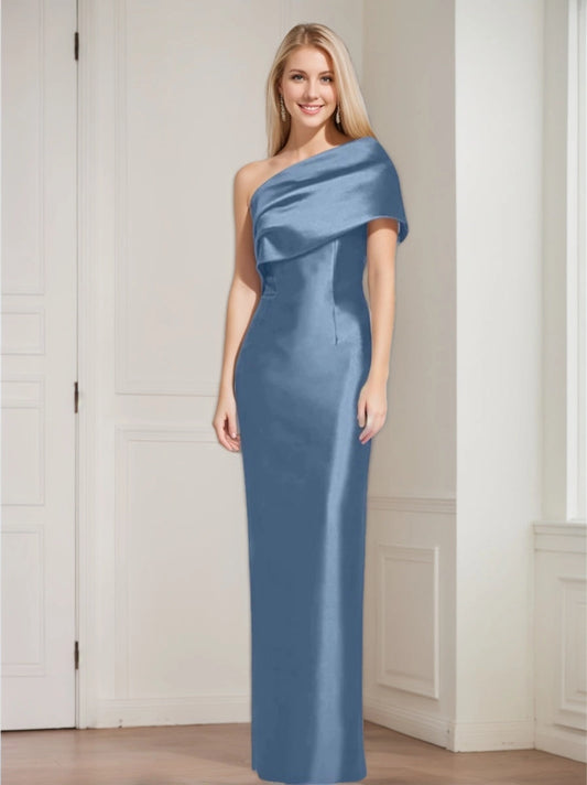 Dusty blue one-shoulder Mother of the Bride Dress featuring an asymmetrical draped neckline, fitted sheath silhouette and elegant floor-length skirt by Loverlm.