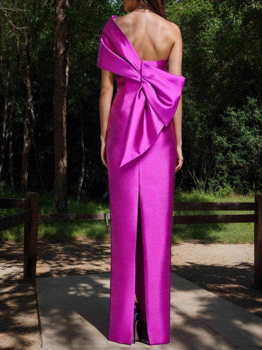 Elegant Sheath One Shoulder Sleeveless Bow Back Slit Floor Length Mother of the Bride Dress