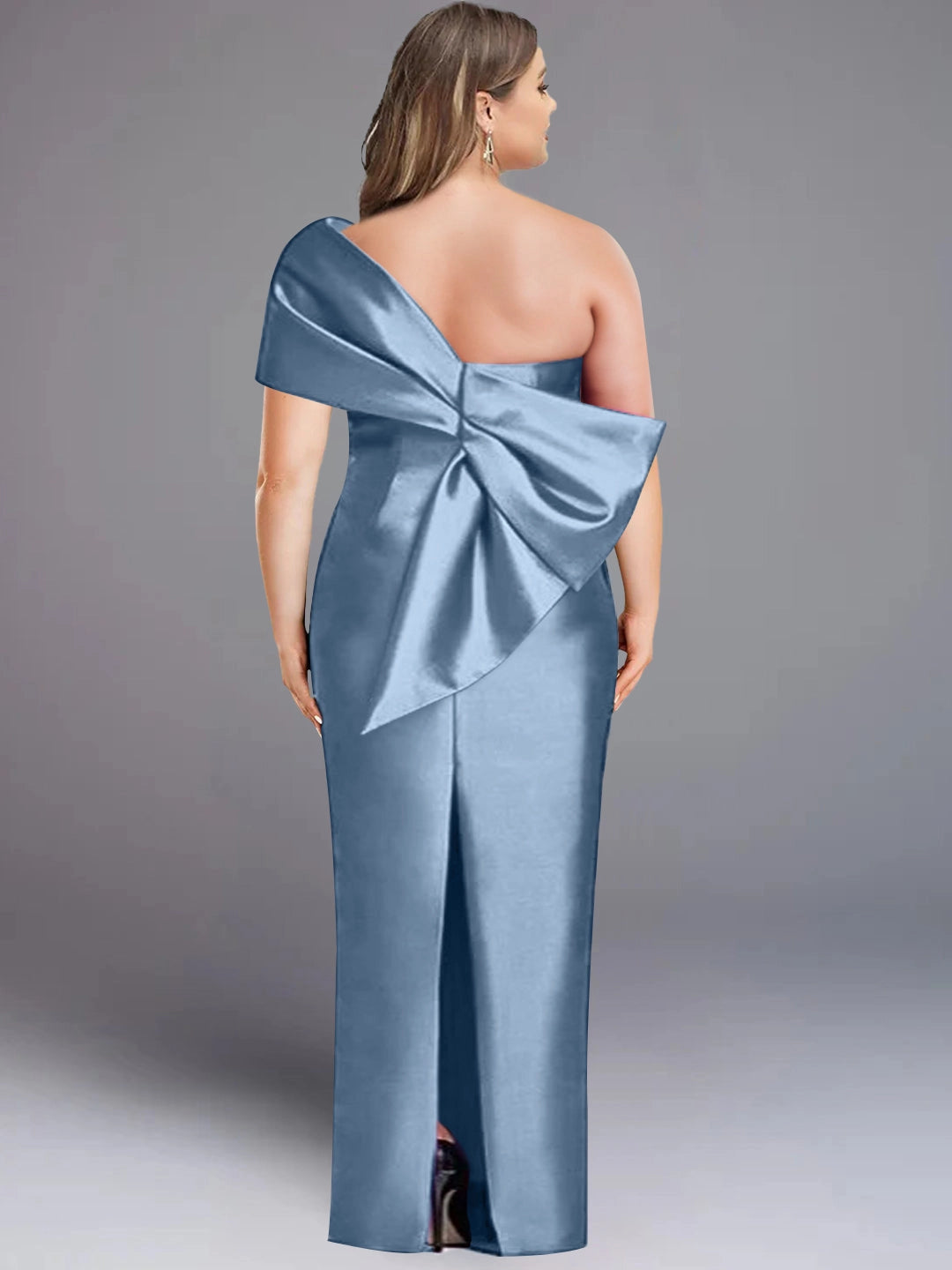 Elegant Sheath One Shoulder Sleeveless Bow Back Slit Floor Length Mother of the Bride Dress