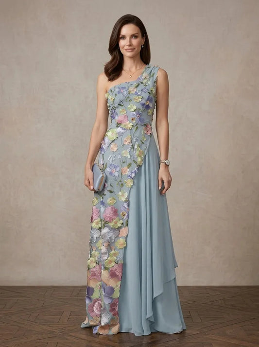 Loverlm dusty blue Mother of the Bride dress with one-shoulder neckline multicolor floral appliqué asymmetric draping and floor-length skirt