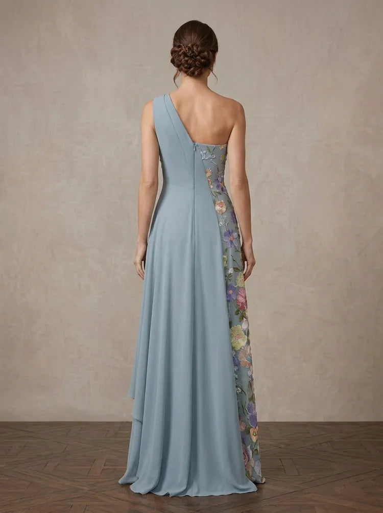 Elegant A-Line One-Shoulder Sleeveless Floral Floor-Length Mother of the Bride Dress