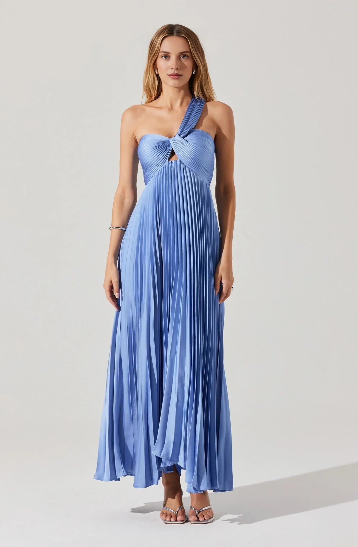 Loverlm dusty blue one shoulder wedding guest dress with twisted pleated bodice, front cutout and flowing A-line ankle-length skirt front view