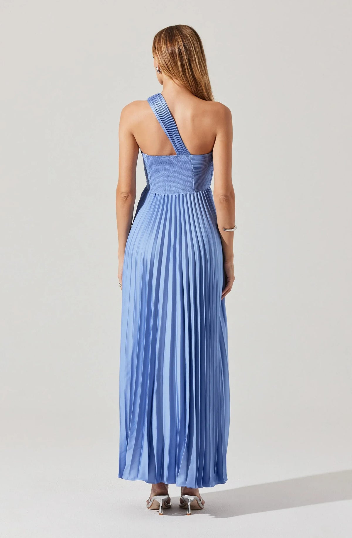 Elegant A-Line One Shoulder Sleeveless Smocked Back Pleated Maxi Wedding Guest Dress