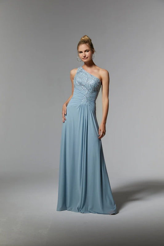Loverlm dusty blue one-shoulder embellished Mother of the Bride floor-length dress front view