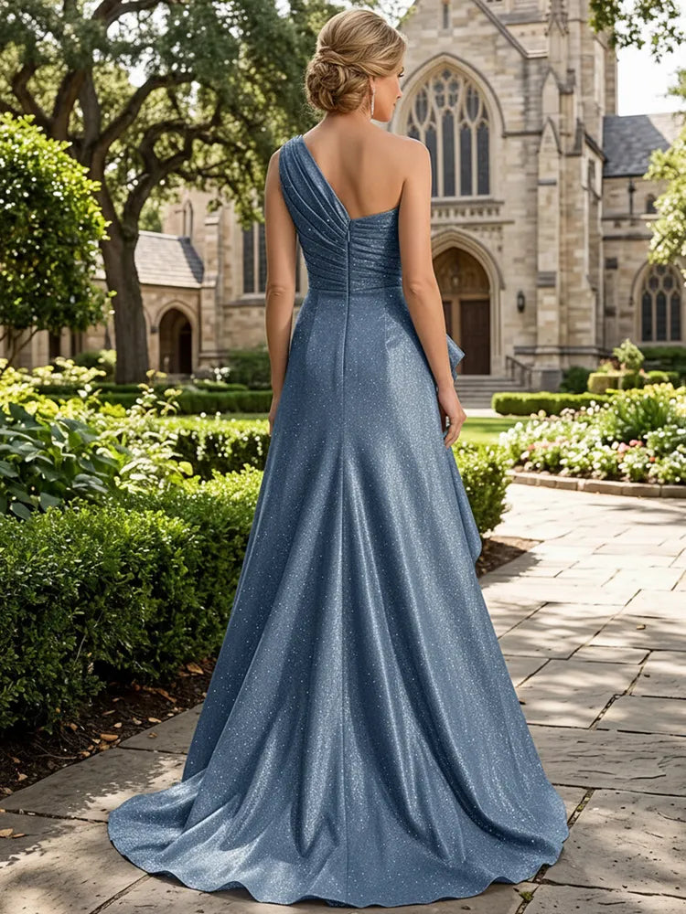 Elegant A-Line One-Shoulder Sleeveless Glitter Floor-Length Mother of the Bride Dress