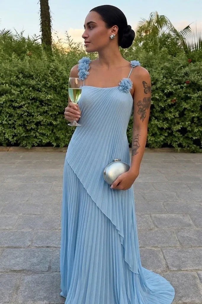 Romantic A-Line Square Neck Sleeveless Chiffon Floor Length Wedding Guest Dress