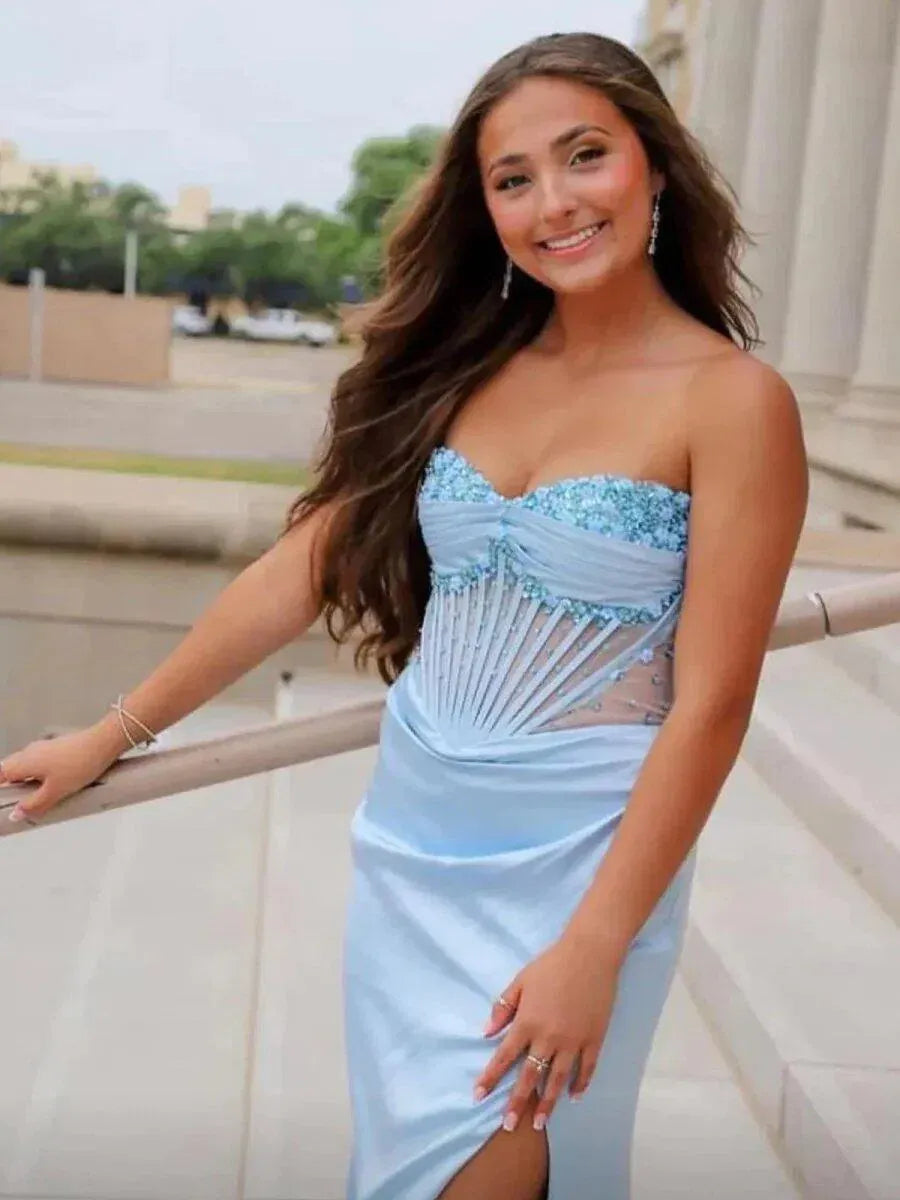 Glamorous Satin Sheath Sweetheart Sleeveless Lace-Up Back Floor Length Prom Dress