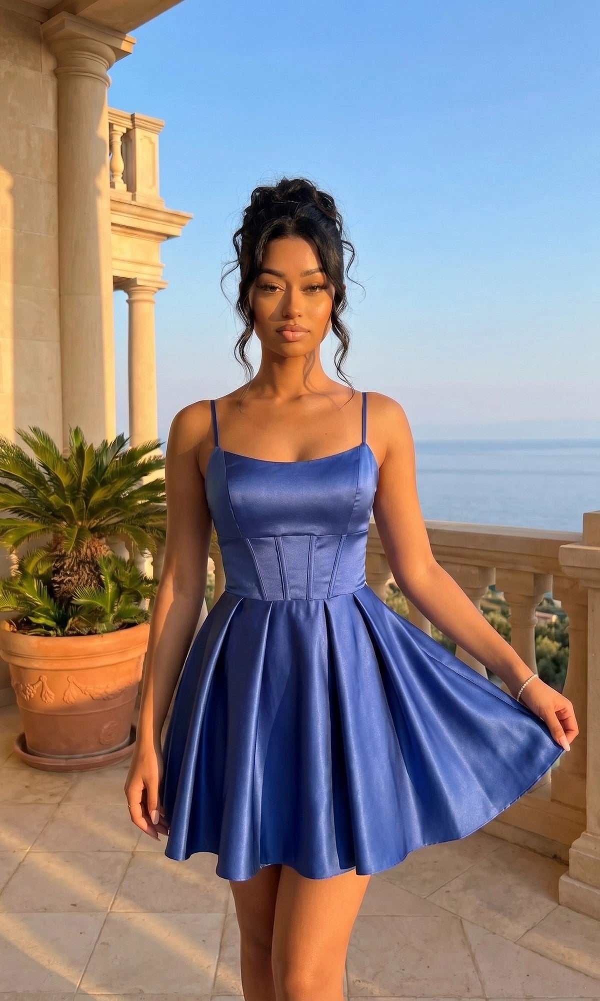 Dusty blue satin A-line homecoming dress with scoop neckline, spaghetti straps, structured corset bodice, pleated mini skirt and side pockets by Loverlm