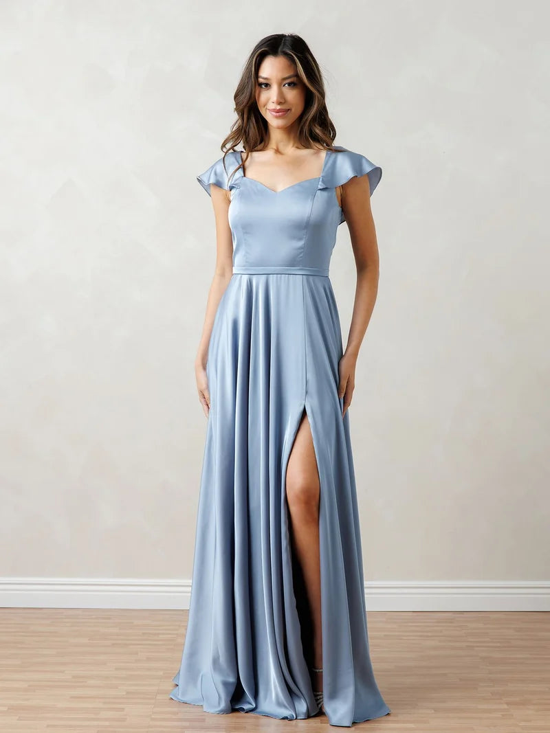 Loverlm dusty blue satin bridesmaid dress with sweetheart neckline flutter sleeves front slit and flowing floor-length A-line skirt