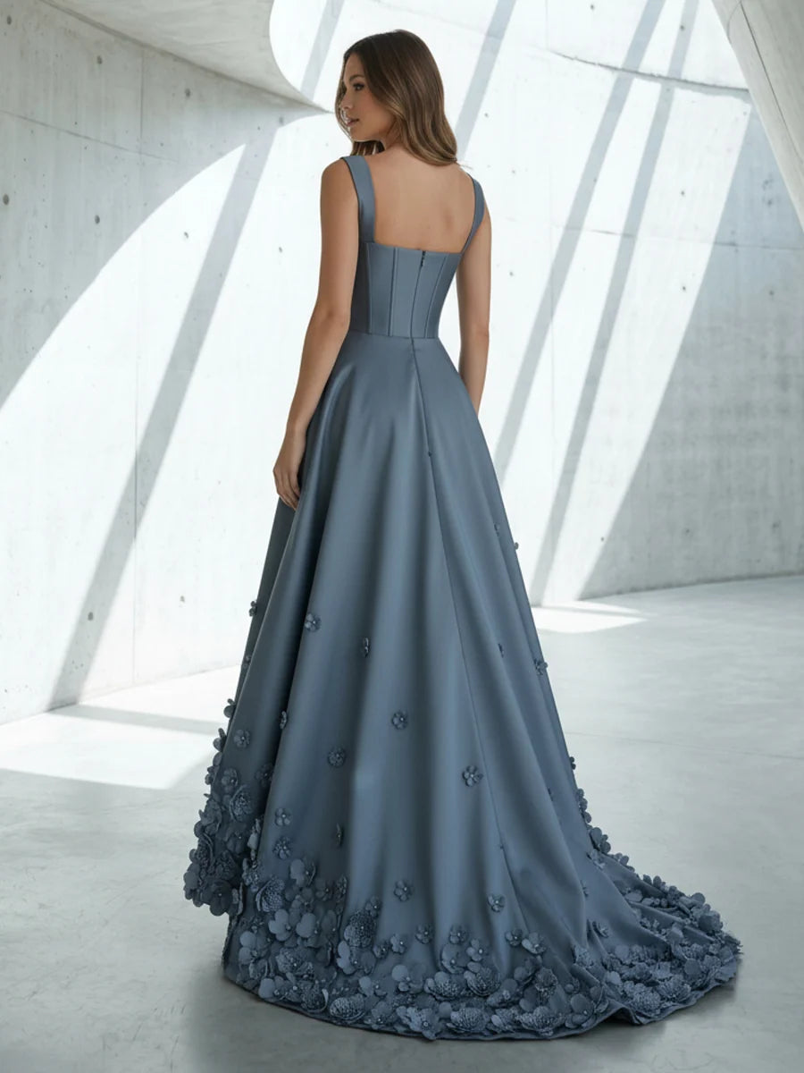 Elegant A-Line Square Neck Sleeveless Satin High Low Prom Dress