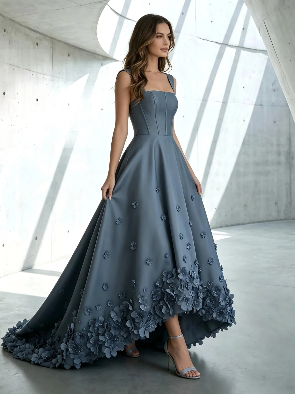 Elegant A-Line Square Neck Sleeveless Satin High Low Prom Dress