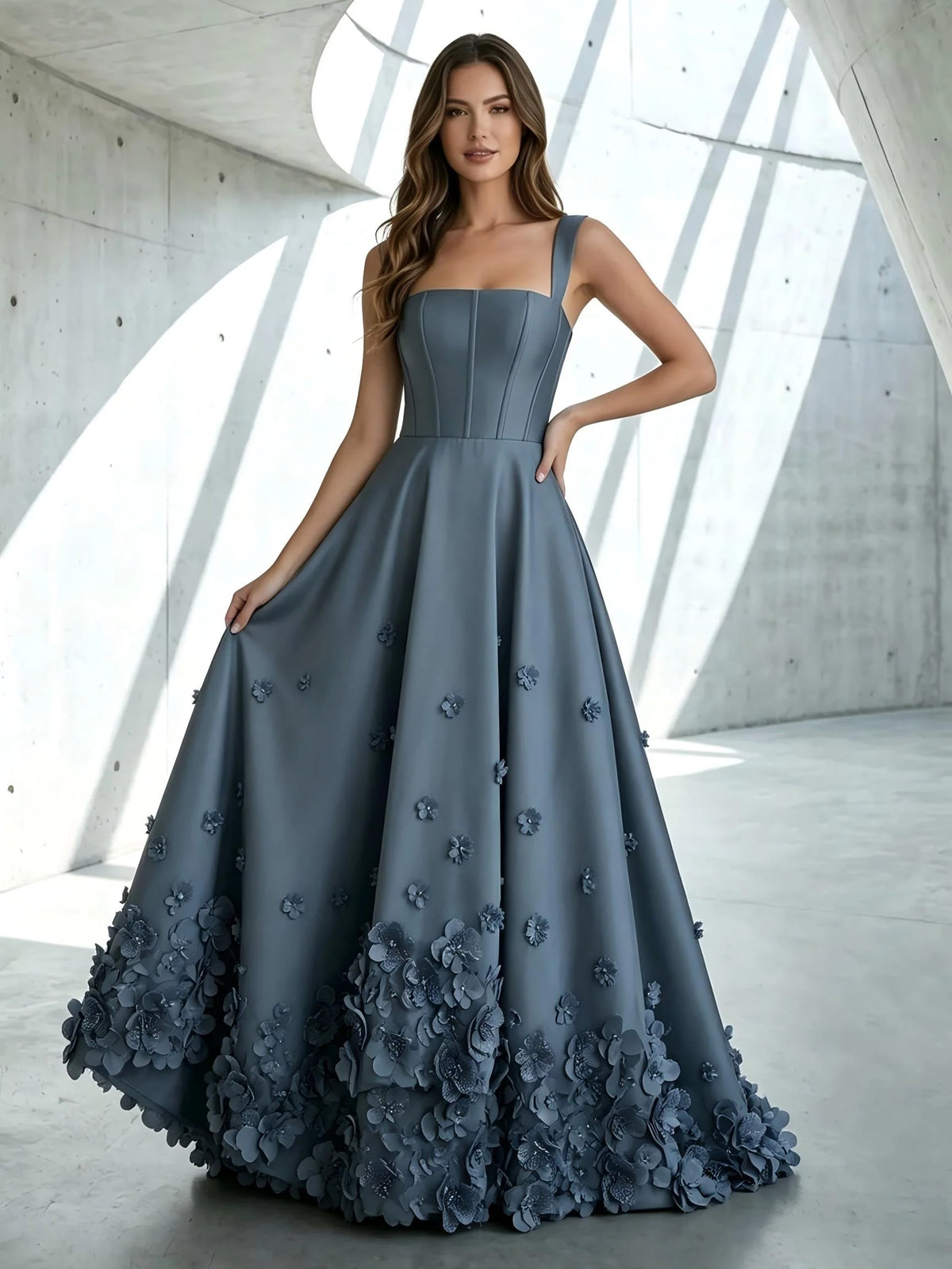 Elegant A-Line Square Neck Sleeveless Satin High Low Prom Dress