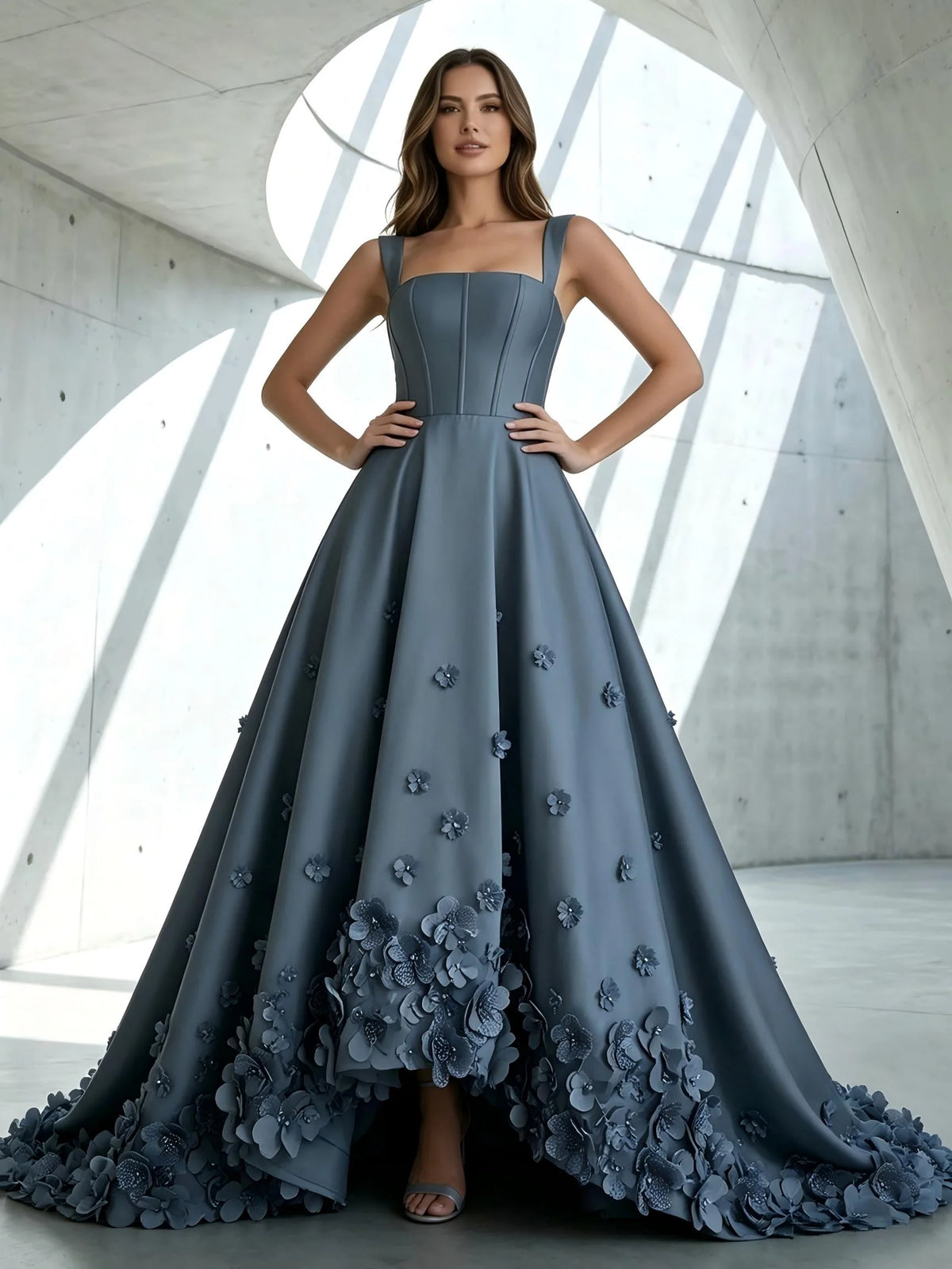 Elegant A-Line Square Neck Sleeveless Satin High Low Prom Dress