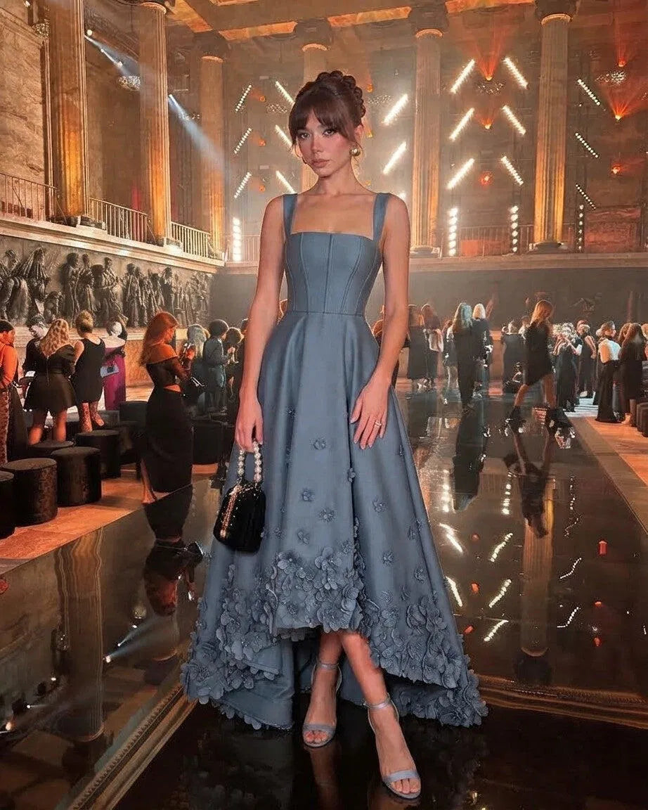 Elegant A-Line Square Neck Sleeveless Satin High Low Prom Dress