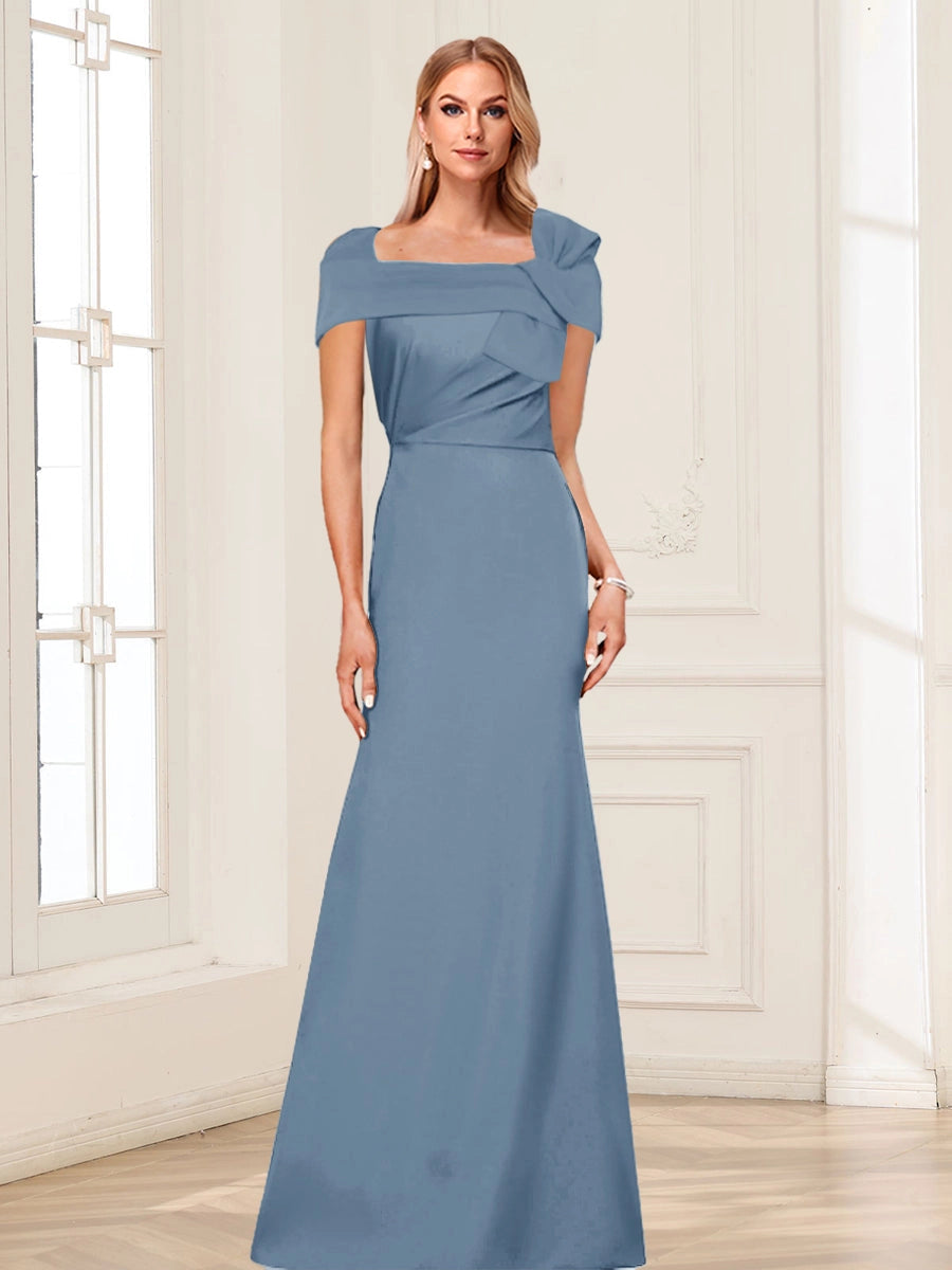 Loverlm dusty blue mother of the bride dress with square neckline, folded off-shoulder sleeves and floor-length trumpet skirt