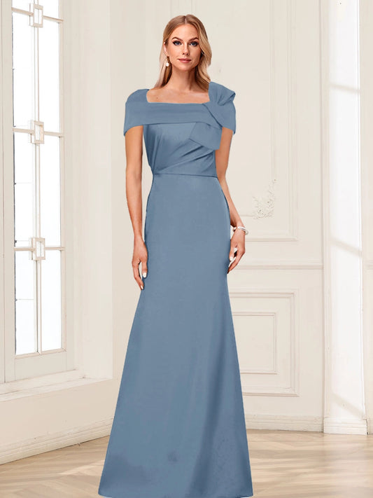 Loverlm dusty blue mother of the bride dress with square neckline, folded off-shoulder sleeves and floor-length trumpet skirt