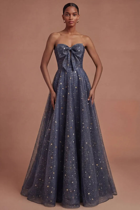 Celestial A-Line Sweetheart Strapless Zipper Back Floor-Length Bow Tulle Prom Dress