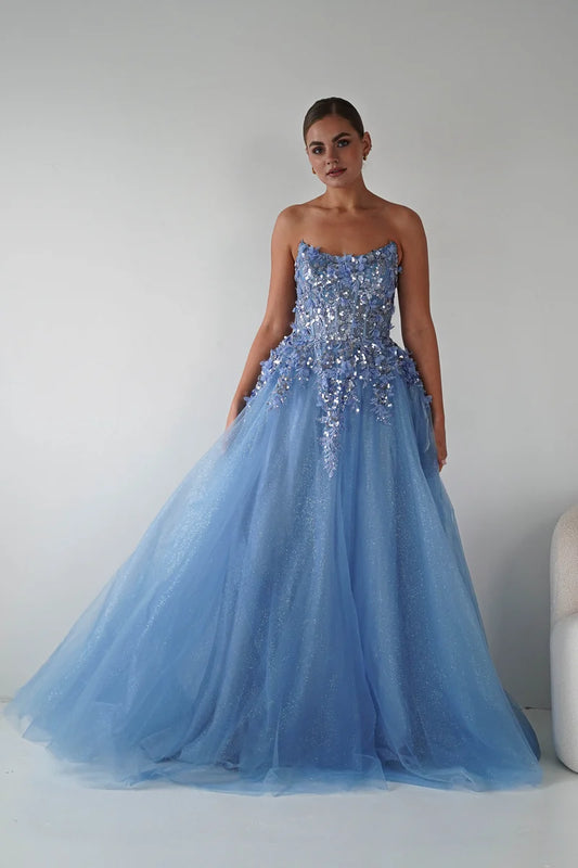 Loverlm dusty blue strapless ball gown prom dress with sparkling floral appliques, embellished bodice and full glitter tulle floor length skirt front view